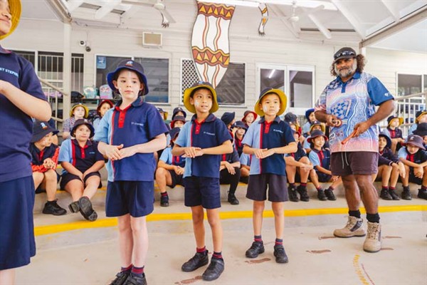 Students participating in an Aboriginal and Torres Strait Islander dance 